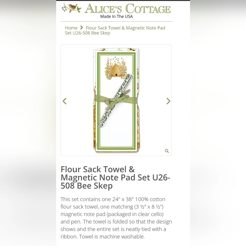 Alice's Cottage 4 Piece Gift Set Towel, Note Pad, Pen, & Canvas Bag NWT Bee Skep